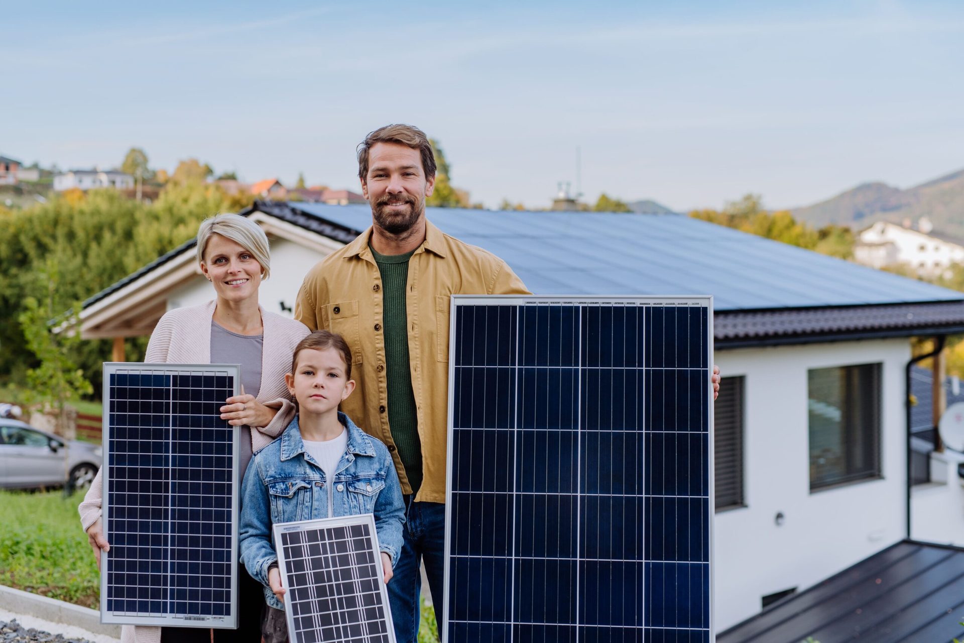 Famiglia davanti a una casa con moduli fotovoltaici installati sul tetto